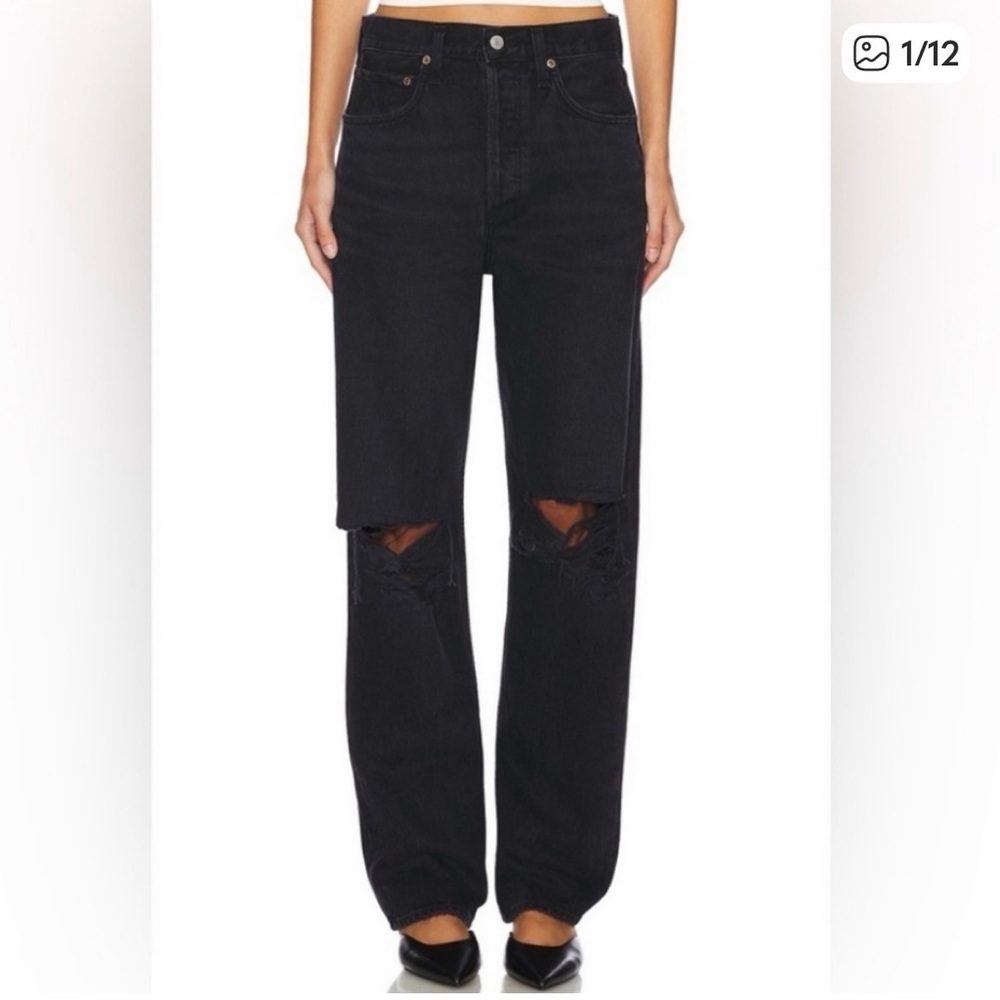 Agolde KELLY black Distressed Button Fly Straight Leg Denim Jeans